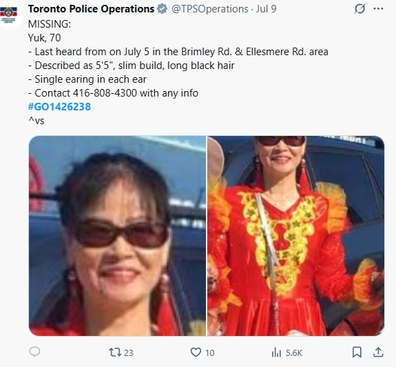 寻人！多伦多70岁华人女子失踪已一周！