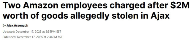 多伦多亚马逊员工涉嫌盗窃近200万元商品，5人被控