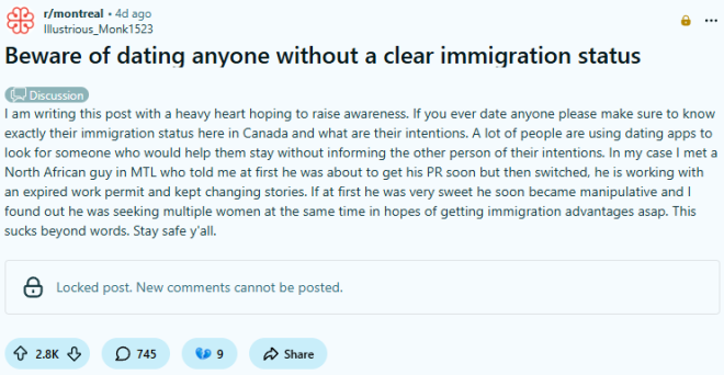 小心! 加拿大网友警告: 千万别和移民身份不明的人谈恋爱!